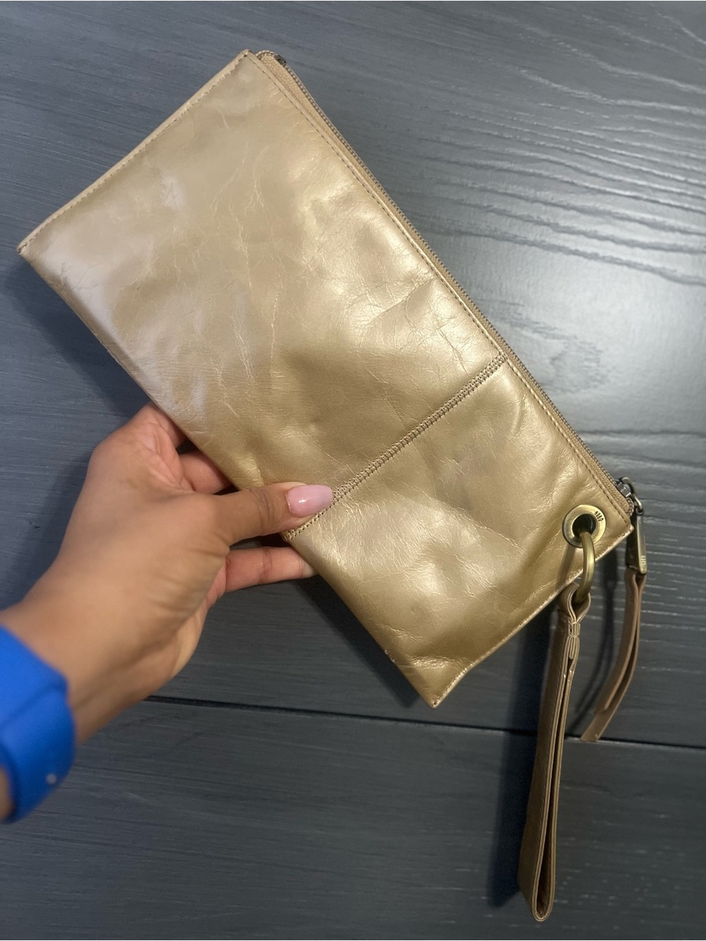 Vintage HOBO Metallic Gold Leather Wristlet with Grommet Detail